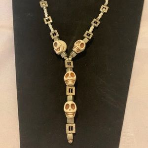 Howlite Skulls “Y” Silver Tone Necklace